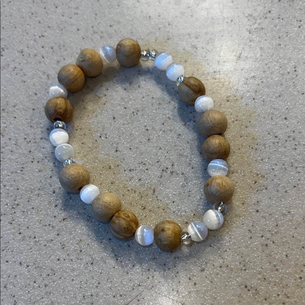 Selenite and Wood and Beaded Bracelet